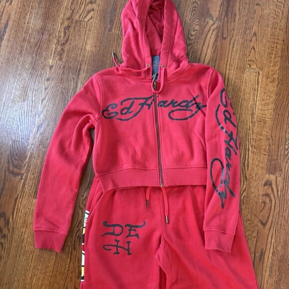 NWT ED HARDY Hoodie Pants Set Women XL Red Y2K Crop Broken Heart Fairytale - Picture 3 of 10
